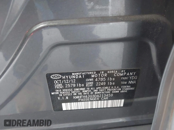 2013 Hyundai Azera with VIN KMHFH4JG3DA213459, listed as a IAAI auction lot 42642239 with 130,195 mi miles and . Bid and sale history available at DreamBid. Image 9.