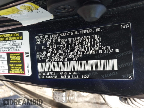 2013 Toyota Venza LE with VIN 4T3ZA3BB1DU077109, listed as a IAAI auction lot 42247378 with 109,267 mi miles and . Bid and sale history available at DreamBid. Image 9.