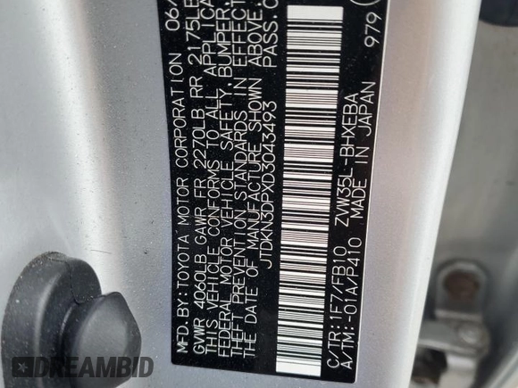 2013 Toyota Prius with VIN JTDKN3DPXD3043493, listed as a Copart auction lot 62713125 with 99,344 mi miles and Salvage title. Bid and sale history available at DreamBid. Image 12.