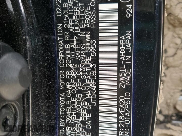 2020 Toyota Prius L Eco with VIN JTDKARFU6L3115953, listed as a Copart auction lot 54954335 with Not provided miles and Salvage title. Bid and sale history available at DreamBid. Image 12.
