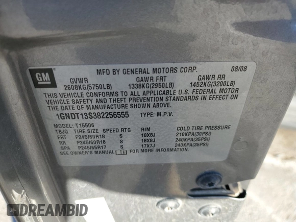 2008 Chevrolet TrailBlazer 1LT with VIN 1GNDT13S382256555, listed as a Copart auction lot 42164235 with 223,486 mi miles and Salvage Title. Bid and sale history available at DreamBid. Image 15.