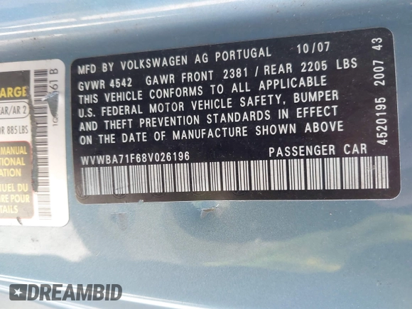 2008 Volkswagen Eos Turbo z VIN WVWBA71F68V026196, wystawiony jako IAAI lot #41238435 z przebiegiem 102 643 mil mil oraz . Historia ofert i sprzedaży dostępna na DreamBid. Obrazek 9.