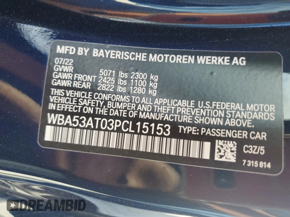 2023 BMW 4 Series M440i with VIN WBA53AT03PCL15153, listed as a Copart auction lot 85457074 with Not Provided miles and Salvage Title. Bid and sale history available at DreamBid. Image 13.