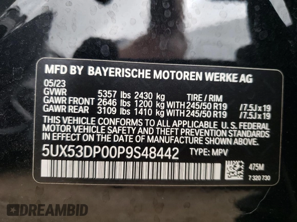 2023 BMW X3 xDrive30i with VIN 5UX53DP00P9S48442, listed as a Copart auction lot 70309554 with 0 mi miles and Salvage Title. Bid and sale history available at carsss.com. Image 12.