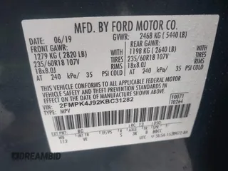 2019 Ford Edge SEL with VIN 2FMPK4J92KBC31282, listed as a IAAI auction lot 41457042 with 50,069 mi miles. Bid and sale history available at carsss.com. Image 9.