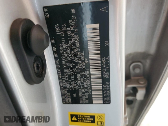 2010 Toyota Highlander with VIN 5TDZK3EH6AS009981, listed as a Copart auction lot 59673365 with 178,334 mi miles and Salvage title. Bid and sale history available at DreamBid. Image 12.