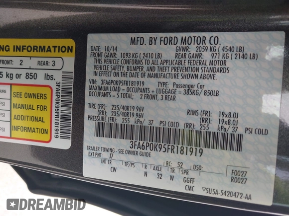 2015 Ford Fusion Titanium with VIN 3FA6P0K95FR181919, listed as a IAAI auction lot 41744443 with 127,572 mi miles. Bid and sale history available at carsss.com. Image 9.