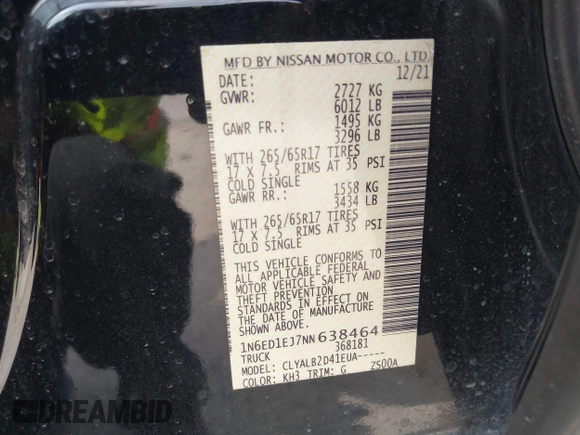 2022 Nissan Frontier SV with VIN 1N6ED1EJ7NN638464, listed as a IAAI auction lot 41916304 with 67,263 mi miles and . Bid and sale history available at DreamBid. Image 9.