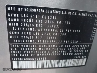 2019 Volkswagen Tiguan SE with VIN 3VV3B7AX6KM138493, listed as a IAAI auction lot 41367279 with 84,534 mi miles. Bid and sale history available at carsss.com. Image 9.