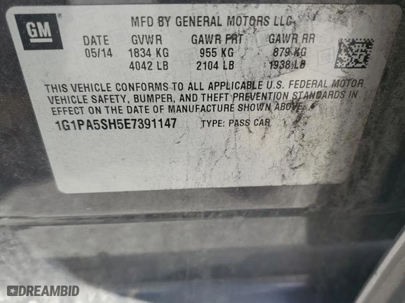 2014 Chevrolet Cruze LS with VIN 1G1PA5SH5E7391147, listed as a Copart auction lot 51214005 with 143,093 mi miles and Salvage Title. Bid and sale history available at carsss.com. Image 14.