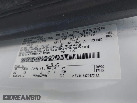 2019 Ford Transit with VIN 1FTYR2CM0KKA87201, listed as a IAAI auction lot 41741165 with 81,635 mi miles. Bid and sale history available at carsss.com. Image 9.