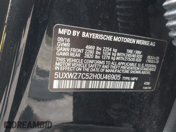 2017 BMW X3 sDrive28i with VIN 5UXWZ7C52H0U46905, listed as a IAAI auction lot 42080648 with 105,989 mi miles. Bid and sale history available at carsss.com. Image 9.