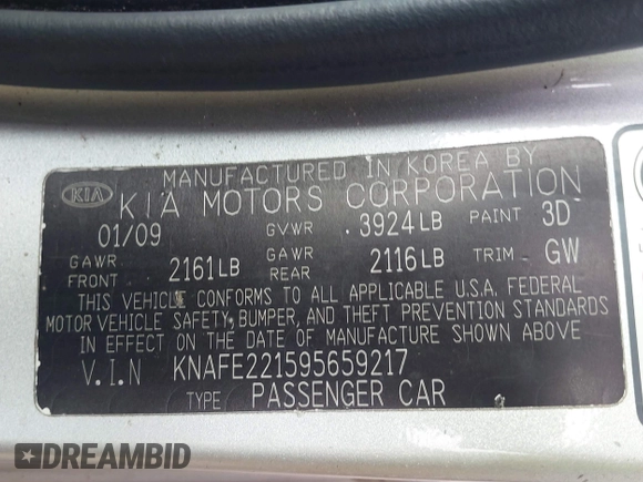 2009 Kia Spectra EX with VIN KNAFE221595659217, listed as a IAAI auction lot 42014406 with 140,527 mi miles. Bid and sale history available at carsss.com. Image 9.