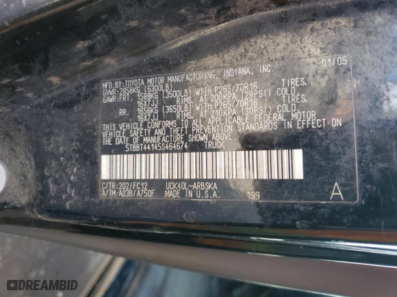 2005 Toyota Tundra SR5 with VIN 5TBBT44145S464674, listed as a Copart auction lot 48800745 with 251,210 mi miles and Salvage Title. Bid and sale history available at carsss.com. Image 14.