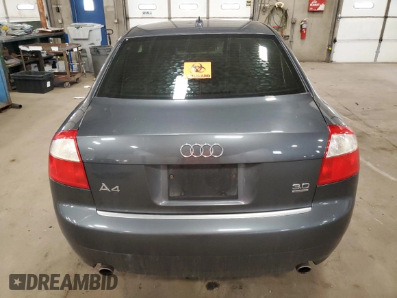 2005 Audi A4 3.0L z VIN WAULT68E75A063649, wystawiony jako Copart lot #51509895 z przebiegiem Nie podano mil oraz Nie do naprawy • Non repairable. Historia ofert i sprzedaży dostępna na DreamBid. Obrazek 6.