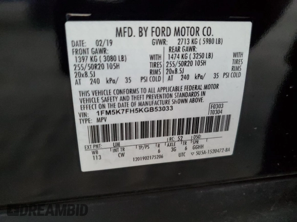 2019 Ford Explorer Limited with VIN 1FM5K7FH5KGB53033, listed as a Copart auction lot 84817574 with 71,150 mi miles and Salvage title. Bid and sale history available at DreamBid. Image 15.