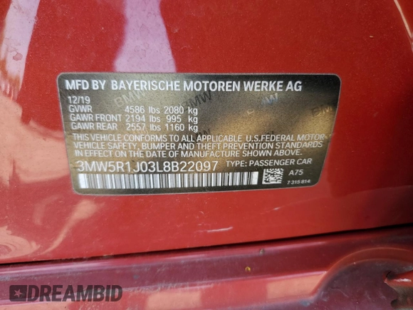 2020 BMW 3 Series 330i with VIN 3MW5R1J03L8B22097, listed as a Copart auction lot 54846115 with 109,637 mi miles and Salvage title. Bid and sale history available at DreamBid. Image 12.