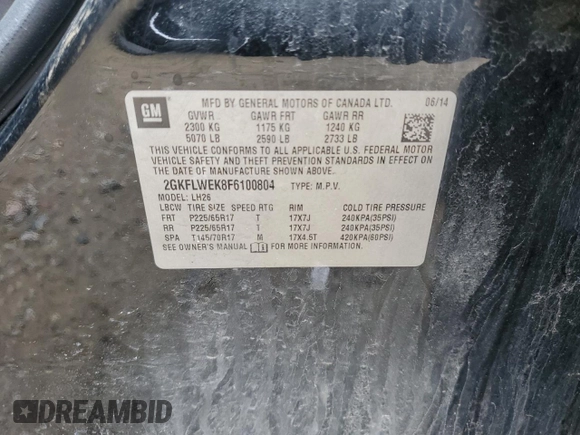 2015 GMC Terrain SLE with VIN 2GKFLWEK8F6100804, listed as a Copart auction lot 57779085 with 212,342 mi miles and Clean title. Bid and sale history available at DreamBid. Image 13.
