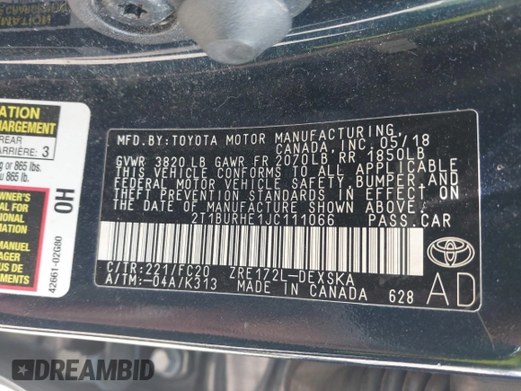 2018 Toyota Corolla L with VIN 2T1BURHE1JC111066, listed as a IAAI auction lot 42215074 with 106,677 mi miles and . Bid and sale history available at DreamBid. Image 9.