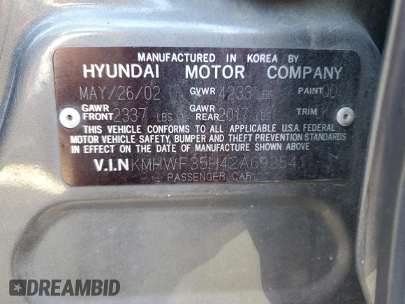 2002 Hyundai Sonata GLS with VIN KMHWF35H42A692541, listed as a Copart auction lot 75359064 with 134,347 mi miles and Salvage Title. Bid and sale history available at carsss.com. Image 13.