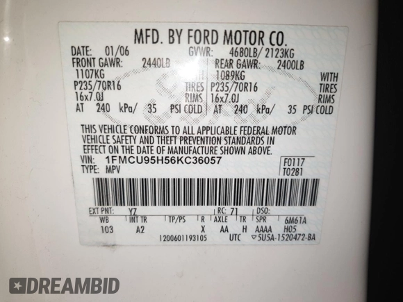 2006 Ford Escape Hybrid с VIN 1FMCU95H56KC36057, выставлен на аукционе Copart как лот 54802595 с пробегом 54 561 миль миль и Списание • Salvage title. История ставок и продаж доступна на DreamBid. Изображение 13.