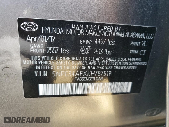 2019 Hyundai Sonata SEL with VIN 5NPE34AFXKH787519, listed as a Copart auction lot 46860055 with 43,511 mi miles and Salvage Title. Bid and sale history available at DreamBid. Image 15.