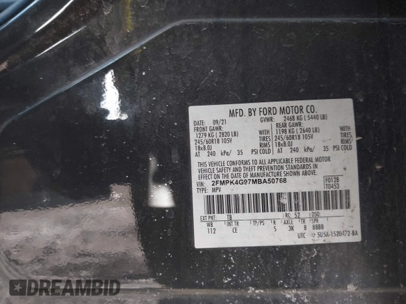 2021 Ford Edge SE с VIN 2FMPK4G97MBA50768, выставлен на аукционе IAAI как лот 41529430 с пробегом 89 523 миль миль и . История ставок и продаж доступна на DreamBid. Изображение 9.