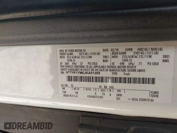 2018 Ford Transit with VIN 1FTYR1YM6JKA81209, listed as a IAAI auction lot 42063771 with 154,724 mi miles and . Bid and sale history available at carsss.com. Image 8.