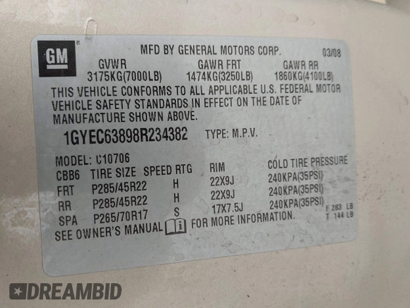 2008 Cadillac Escalade with VIN 1GYEC63898R234382, listed as a IAAI auction lot 41781206 with 150,916 mi miles. Bid and sale history available at carsss.com. Image 9.