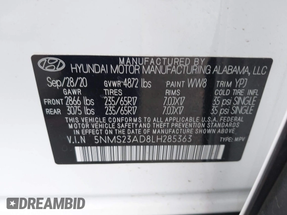 2020 Hyundai Santa Fe SE with VIN 5NMS23AD8LH285363, listed as a IAAI auction lot 42408647 with 60,058 mi miles and . Bid and sale history available at DreamBid. Image 9.