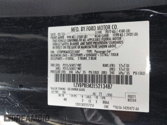 2014 Ford Mustang V6 with VIN 1ZVBP8EM2E5213487, listed as a IAAI auction lot 42183116 with 123,954 mi miles and . Bid and sale history available at DreamBid. Image 9.
