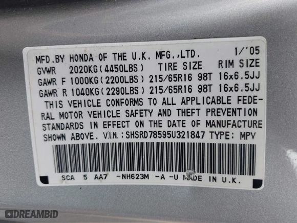 2005 Honda CR-V LX with VIN SHSRD78595U321847, listed as a IAAI auction lot 42099841 with 212,423 mi miles. Bid and sale history available at carsss.com. Image 9.