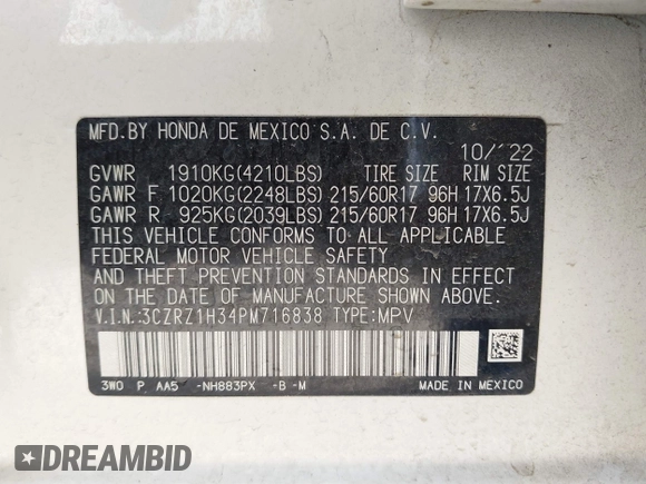2023 Honda HR-V LX z VIN 3CZRZ1H34PM716838, wystawiony jako IAAI lot #41946033 z przebiegiem 24 958 mil mil oraz . Historia ofert i sprzedaży dostępna na DreamBid. Obrazek 9.