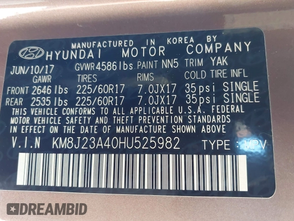 2017 Hyundai Tucson SE with VIN KM8J23A40HU525982, listed as a IAAI auction lot 41790898 with 107,715 mi miles. Bid and sale history available at carsss.com. Image 9.