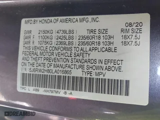 2020 Honda CR-V EX-L with VIN 5J6RW2H80LA016865, listed as a IAAI auction lot 41651030 with 34,666 mi miles. Bid and sale history available at carsss.com. Image 9.