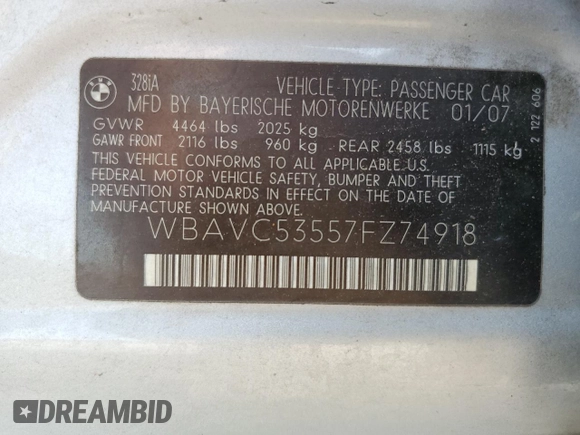 2007 BMW 3 Series 328i z VIN WBAVC53557FZ74918, wystawiony jako Copart lot #56892005 z przebiegiem 184 111 mil mil oraz Szkoda całkowita • Salvage title. Historia ofert i sprzedaży dostępna na DreamBid. Obrazek 12.