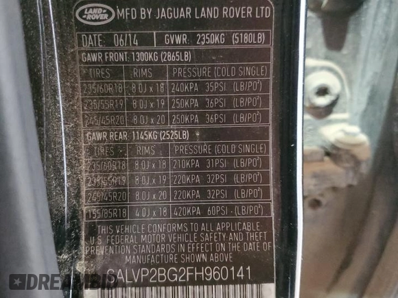 2015 Land Rover Range Rover Evoque Pure Plus with VIN SALVP2BG2FH960141, listed as a Copart auction lot 53330205 with 102,291 mi miles and Salvage title. Bid and sale history available at DreamBid. Image 13.