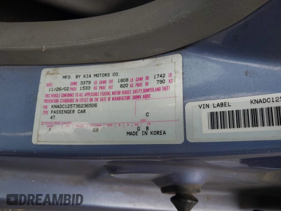 2003 Kia Rio with VIN KNADC125736236506, listed as a IAAI auction lot 41467649 with 109,975 mi miles. Bid and sale history available at carsss.com. Image 9.