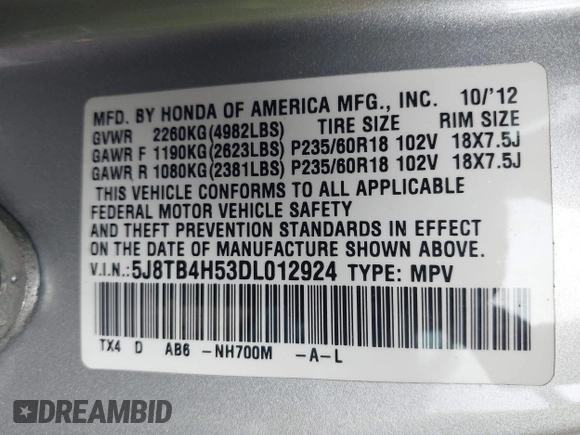 2013 Acura RDX Technology with VIN 5J8TB4H53DL012924, listed as a IAAI auction lot 42161686 with 137,110 mi miles and . Bid and sale history available at DreamBid. Image 9.