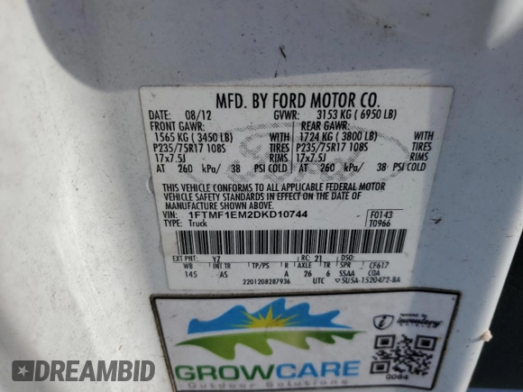 2013 Ford F-150 XL with VIN 1FTMF1EM2DKD10744, listed as a Copart auction lot 45233825 with 101,961 mi miles and Salvage Title. Bid and sale history available at carsss.com. Image 12.