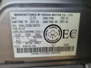 2006 Nissan Altima S with VIN 1N4AL11D36C166593, listed as a Copart auction lot 58661815 with 214,215 mi miles and Clean title. Bid and sale history available at DreamBid. Image 13.