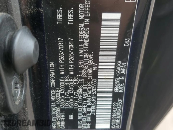 2015 Toyota 4Runner Limited with VIN JTEBU5JR1F5205650, listed as a Copart auction lot 51678155 with 155,105 mi miles and Salvage Title. Bid and sale history available at carsss.com. Image 13.
