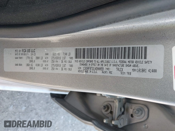 2020 Ram 1500 Big Horn z VIN 1C6SRFBT2LN200059, wystawiony jako IAAI lot #41987816 z przebiegiem 107 675 mil mil oraz . Historia ofert i sprzedaży dostępna na DreamBid. Obrazek 9.