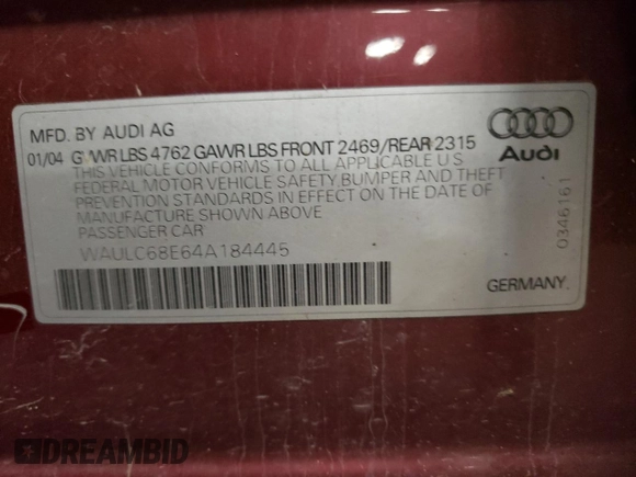 2004 Audi A4 1.8T with VIN WAULC68E64A184445, listed as a Copart auction lot 79249604 with 151,123 mi miles and Clean Title. Bid and sale history available at carsss.com. Image 13.