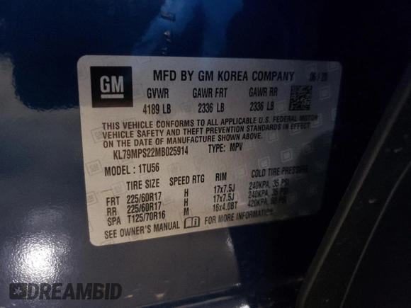 2021 Chevrolet TrailBlazer LT with VIN KL79MPS22MB025914, listed as a Copart auction lot 54783884 with 25,395 mi miles and . Bid and sale history available at DreamBid. Image 13.