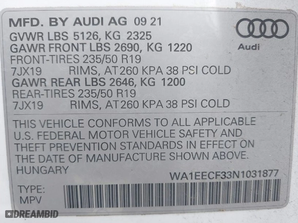 2022 Audi Q3 S line Premium Plus with VIN WA1EECF33N1031877, listed as a IAAI auction lot 41643084 with 68,678 mi miles. Bid and sale history available at carsss.com. Image 9.