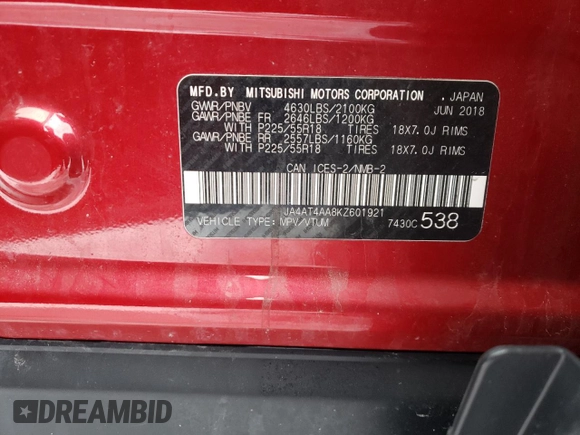 2019 Mitsubishi Eclipse Cross LE z VIN JA4AT4AA8KZ601921, wystawiony jako Copart lot #52165315 z przebiegiem 77 171 mil mil oraz Szkody całkowita. Historia ofert i sprzedaży dostępna na DreamBid. Obrazek 14.