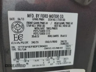 2013 Ford F-150 XL with VIN 1FTFW1EF8DFC90423, listed as a Copart auction lot 60133315 with 222,070 mi miles and Salvage title. Bid and sale history available at DreamBid. Image 12.