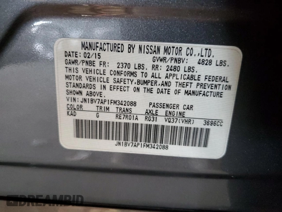 2015 Infiniti Q50 Premium with VIN JN1BV7AP1FM342088, listed as a Copart auction lot 56920195 with 106,585 mi miles and Salvage title. Bid and sale history available at DreamBid. Image 12.