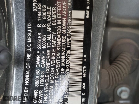 2019 Honda Civic Type R Touring z VIN SHHFK8G76KU202706, wystawiony jako Copart lot #82717354 z przebiegiem 51 127 mil mil oraz Szkoda całkowita • Salvage title. Historia ofert i sprzedaży dostępna na DreamBid. Obrazek 14.